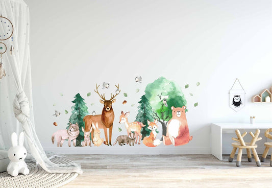 Forest Animals Trees Pines Wall Decals Woodland Nursery Stickers Kids Room Decor Deer Bear, LF005