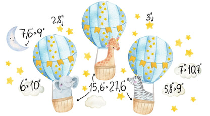 Hot Air Balloons Wall Decals Moon Stars Stickers Nursery Decor Safari Animals Watercolor Clouds, LF54