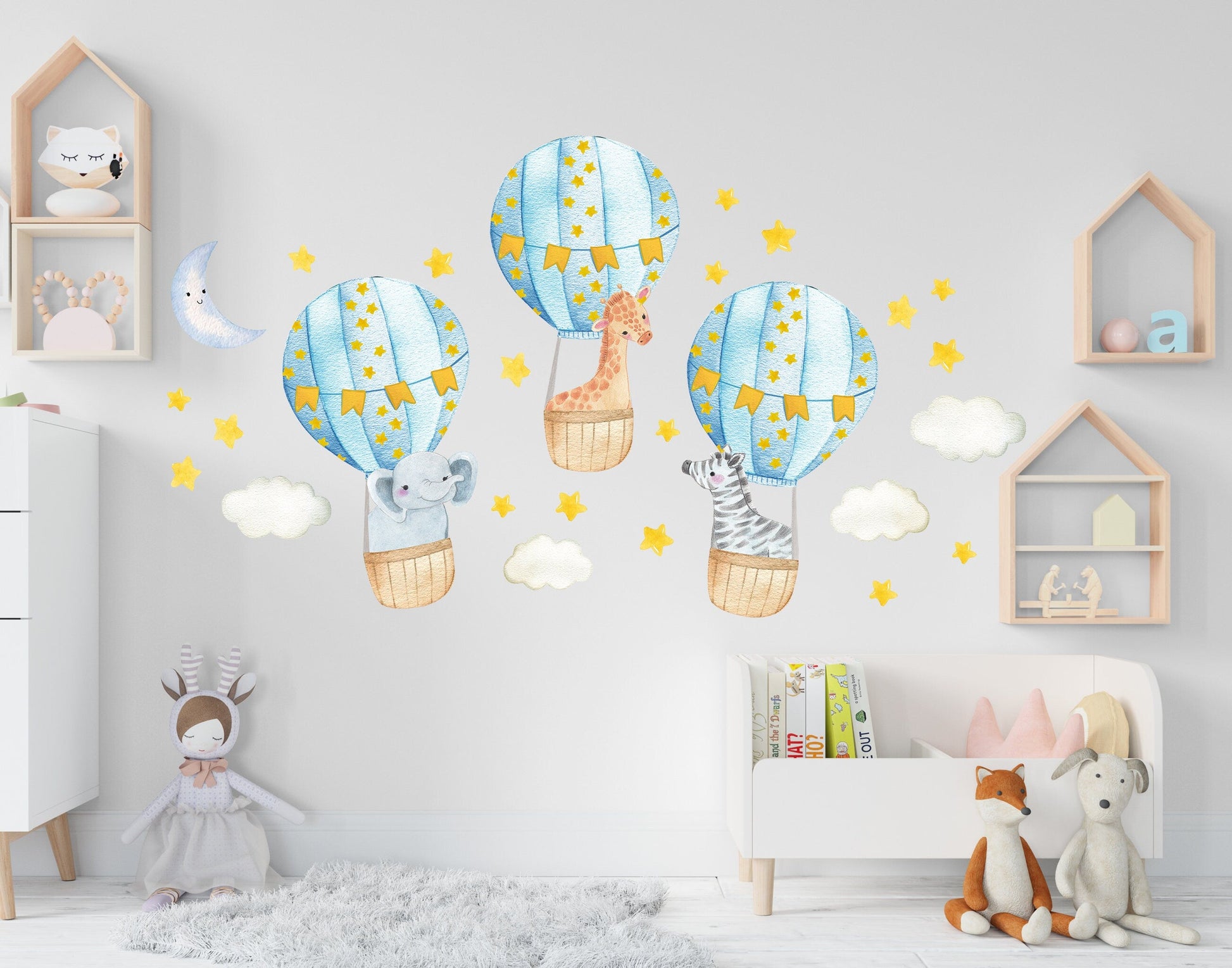 Hot Air Balloons Wall Decals Moon Stars Stickers Nursery Decor Safari Animals Watercolor Clouds, LF54