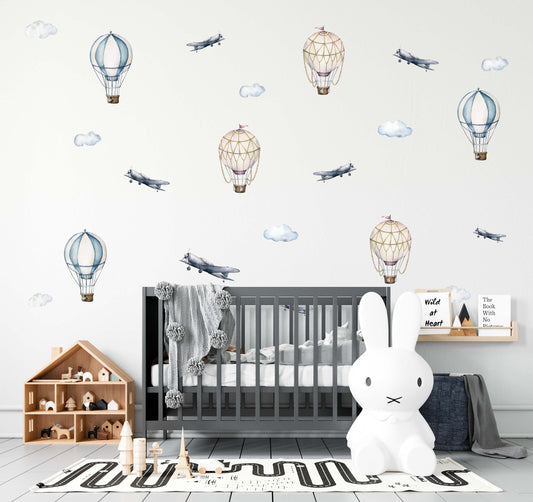 Hot Air Balloon Wall Decals Stickers Airplane Retro, LF174