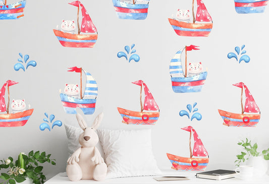 ships watercolor wall stickers cats sea decals, KL 0029