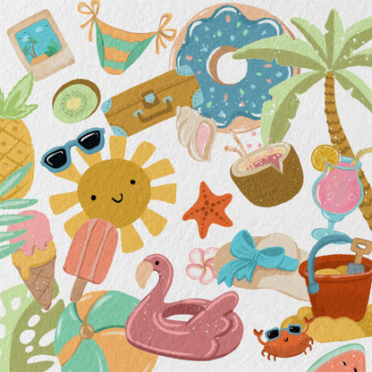 Summer Clipart PNG Seasonal Vacation Instant Download Sun Ice Cream Ananas Flip Flops Popsicles Crab Palm, LF360