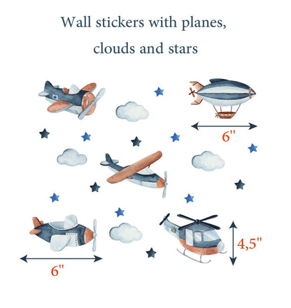 Airplane Wall Stickers Helicopter Decals Clouds Stars Nursery Decor Boys room Blue Playroom, LF496