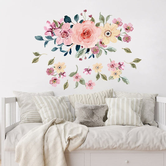 Large Flower Bouquet Watercolor Wall Decals Bedroom Floral Stickers Dorm Decor, for Kitchen, Refrigerator Decoration, LF547