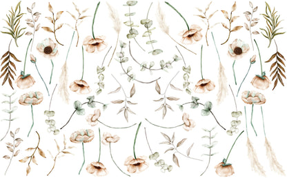 Neutral Nursery Poppy, Eucalyptus Flowers Wall Stickers Beige Calm Leaves Decals Bathroom Bedroom Nursery Decor, LF560