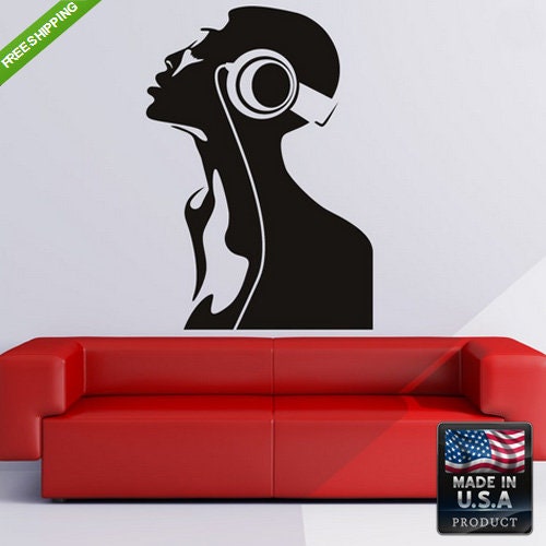Afro girl Wall Decal music headphones Z174