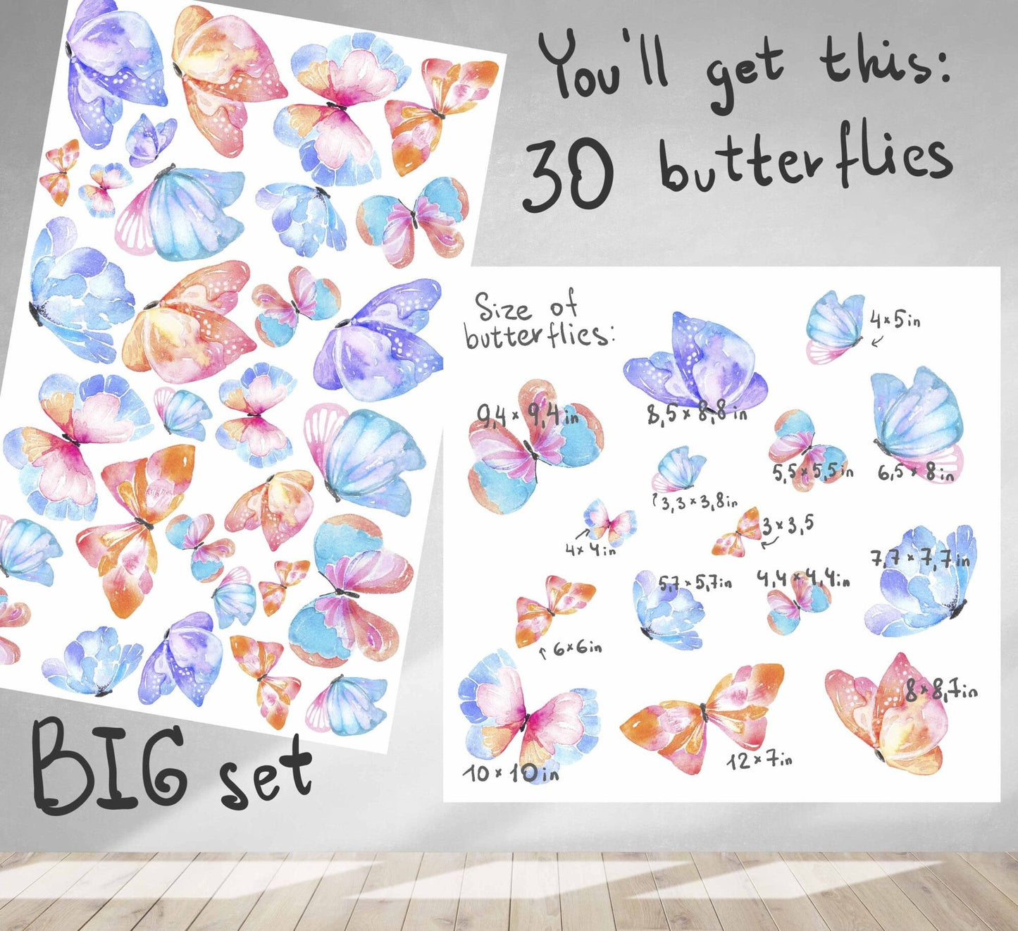 Butterfly Wall Decal Stickers Watercolor Nursery girls pink violet baby bedroom, LF015