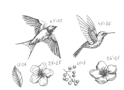 Bird Wall Decal Flowers Stickers Hummingbird Flying Gray, LF020