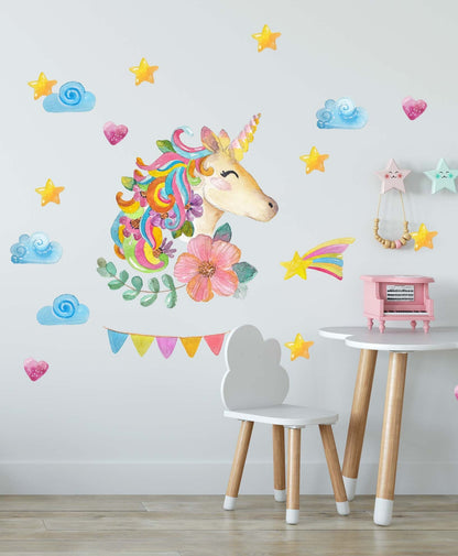 Unicorn decal Watercolor nursery girls room stickers, Rainbow Decor, ILF049