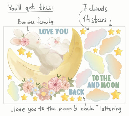 Bunny Decals Family Mom Baby Moon Clouds Love You To The Moon And Back, Stars Stickers Girls room, LF059