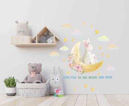Bunny Decals Family Mom Baby Moon Clouds Love You To The Moon And Back, Stars Stickers Girls room, LF059