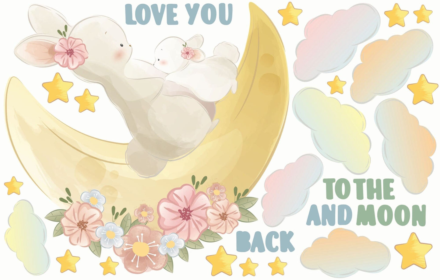 Bunny Decals Family Mom Baby Moon Clouds Love You To The Moon And Back, Stars Stickers Girls room, LF059