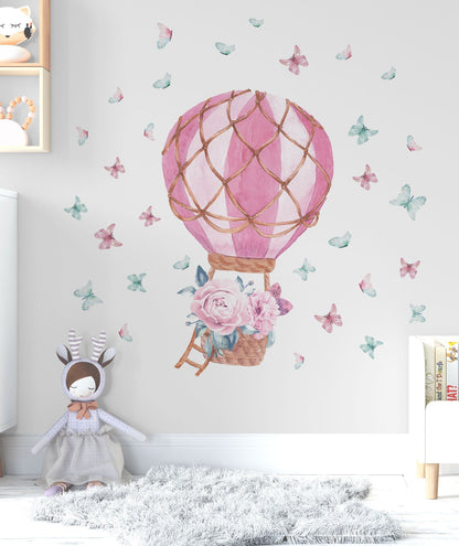 Hot Air Balloon Wall Decal Watercolor Peony Flowers Butterfly Stickers, LF60