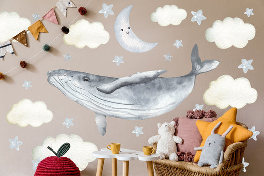 Whale Wall Decal Clouds Stars Decor Stickers, LF069
