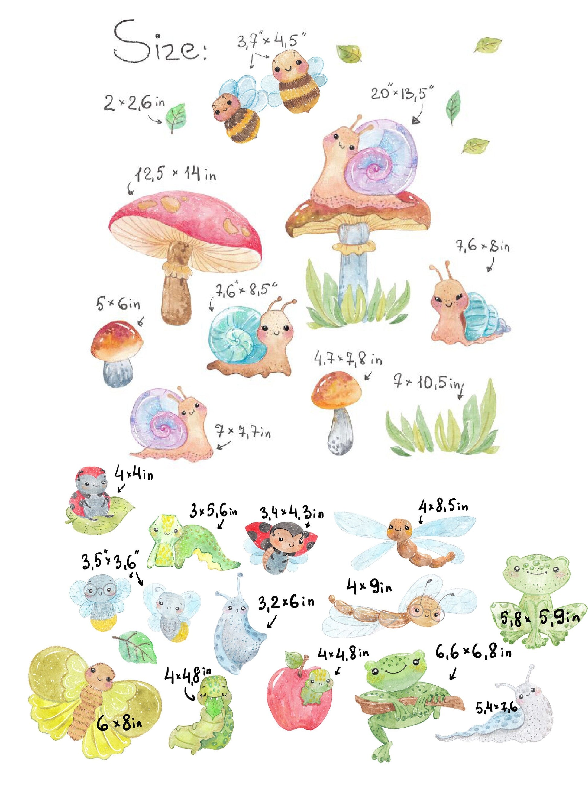 Bugs Wall Decals Butterfly Dragonfly Slug Snail Firefly Frog Bee Caterpillar Mushroom Watercolour Room Stickers, LF097