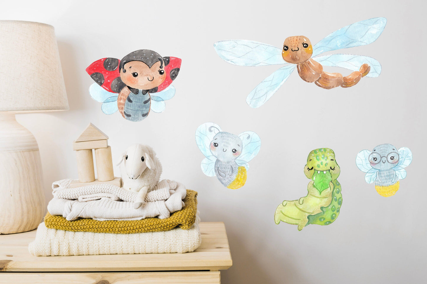 Bugs Wall Decals Butterfly Dragonfly Slug Snail Firefly Frog Bee Caterpillar Mushroom Watercolour Room Stickers, LF097