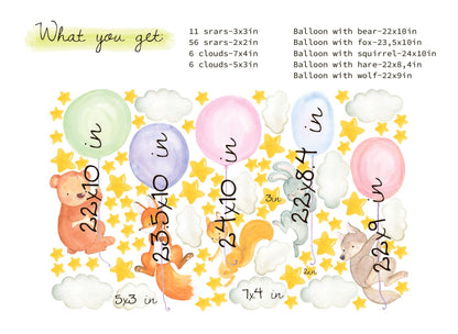 Woodland Animals Decals Color Balloons Stickers Bear Wolf Fox, LF135
