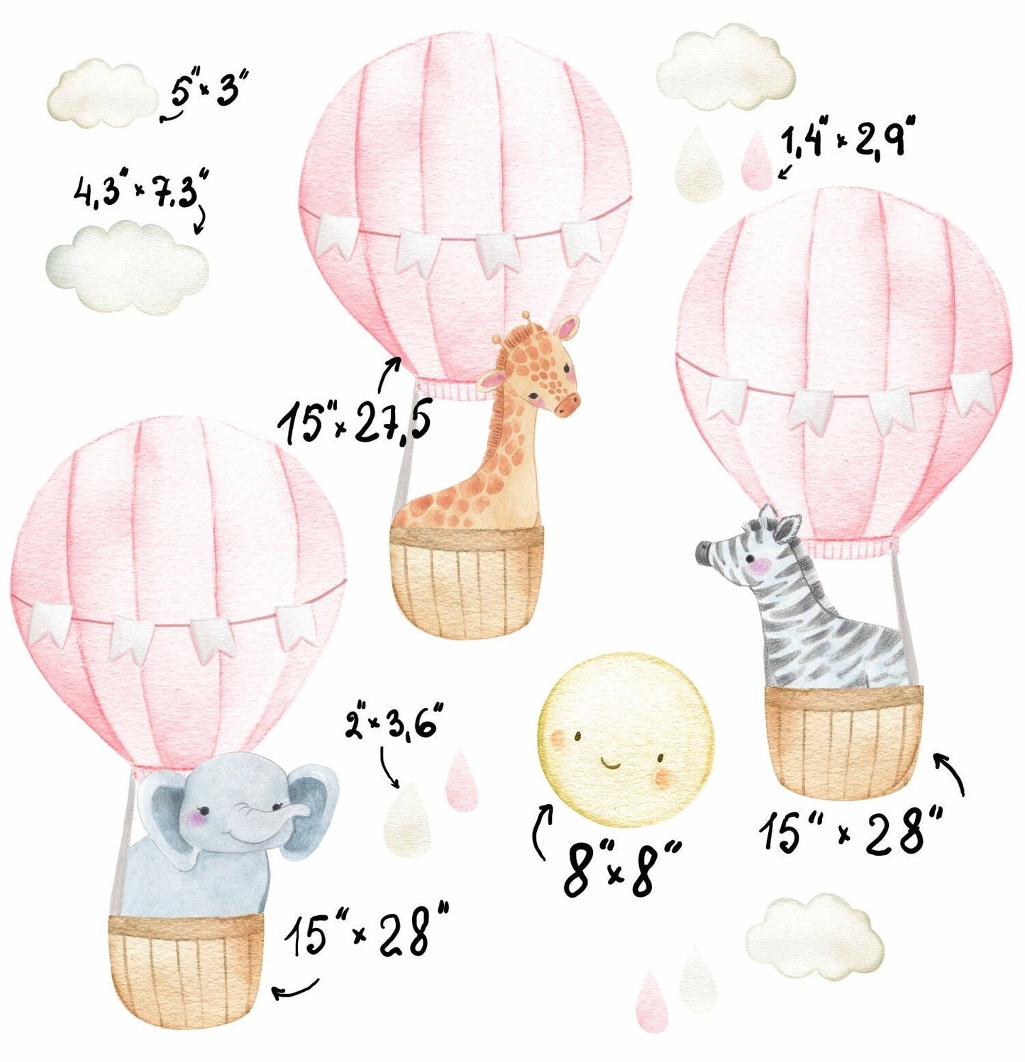 Pink Hot Air Balloon Wall Decal Nursery Decor Safari Animals LF166