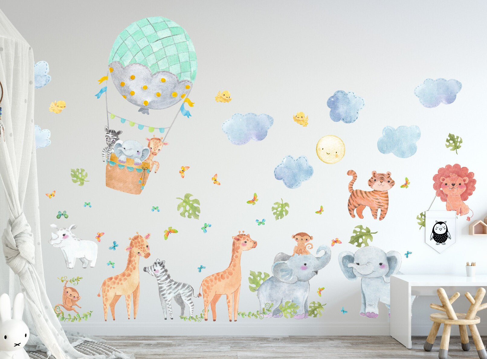 Jungle Animals Hot Air Balloon Wall Decals Safari Clouds Birds, LF189