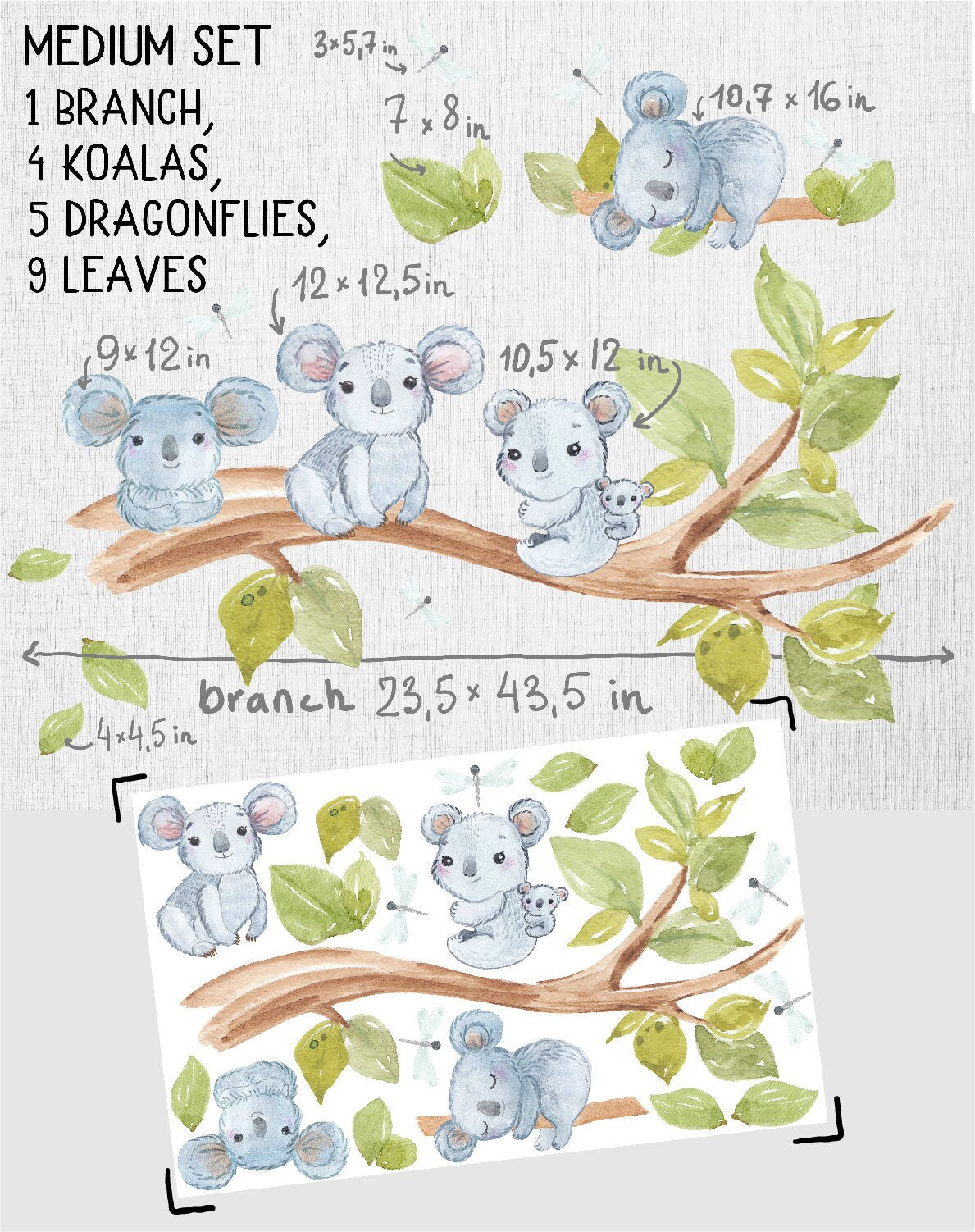 Koalas wall decals tree greenery leaves stickers Australian animals, LF197
