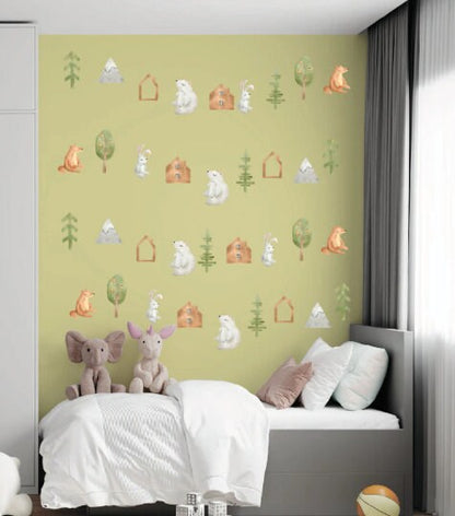 Animals Wall Decals Woodland Forest Stickers Pine Tree Fox Bunny Mountain, LF205