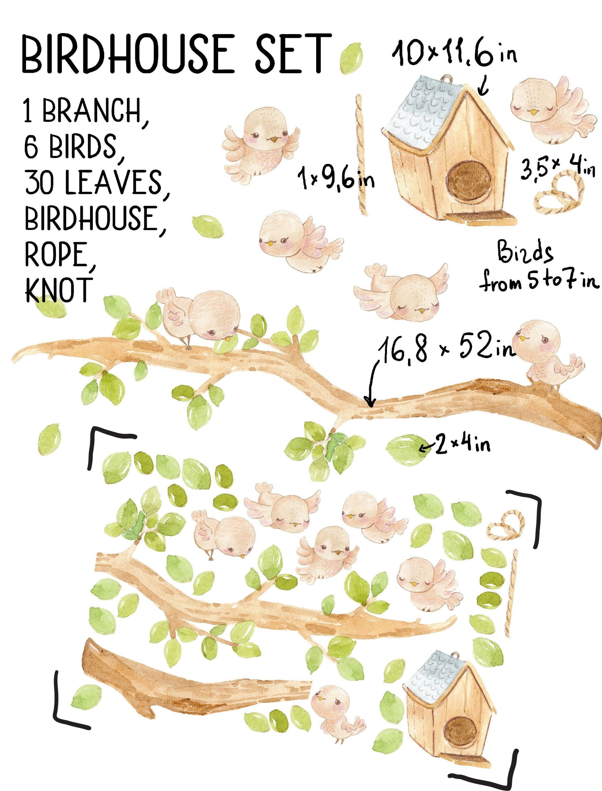Bird Wall Decals Sparrow swallow Stickers birdhouse Tree Greenery, LF214