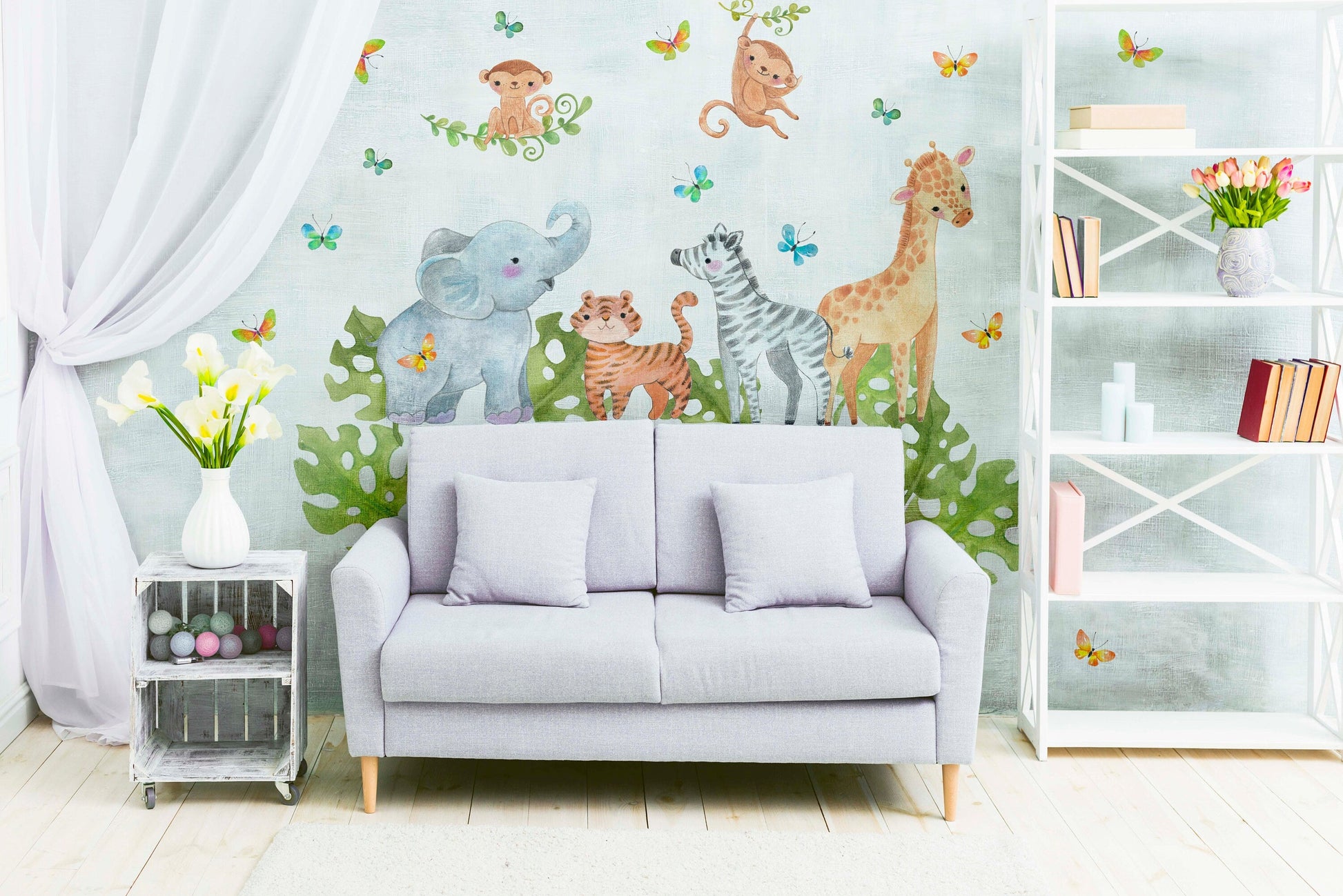 Jungle Animals Decals Safari Stickers Greenery Leave Butterfly Elephant Zebra Giraffe, LF217