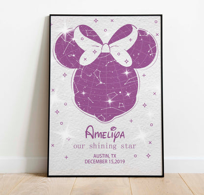 Custom Night Sky Print Nursery Decor Mickey Ears Star Map by Date 1st Birthday Gift, LF044