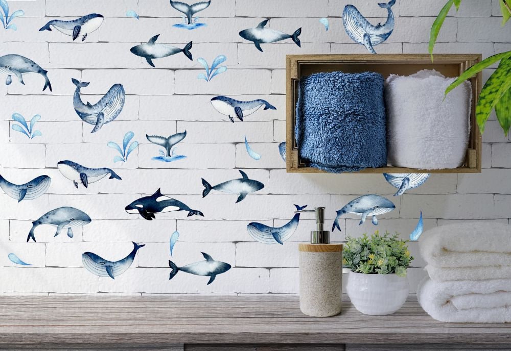 Watercolor Whales Wall decals Sea Life Stickers, LF074