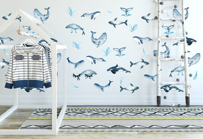 Watercolor Whales Wall decals Sea Life Stickers, LF074