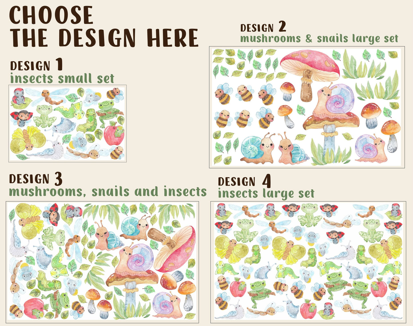 Bugs Wall Decals Butterfly Dragonfly Slug Snail Firefly Frog Bee Caterpillar Mushroom Watercolour Room Stickers, LF097