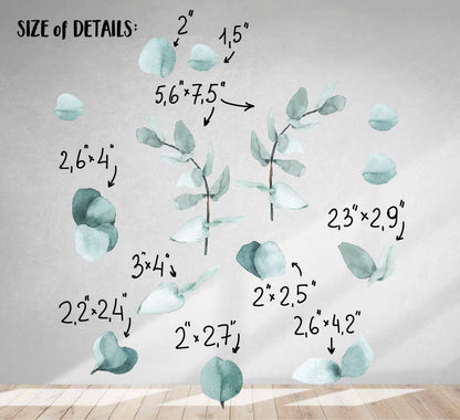 Eucalyptus Wall Decals Greenery Watercolor Sticker Leaves Room Decoration, LF099