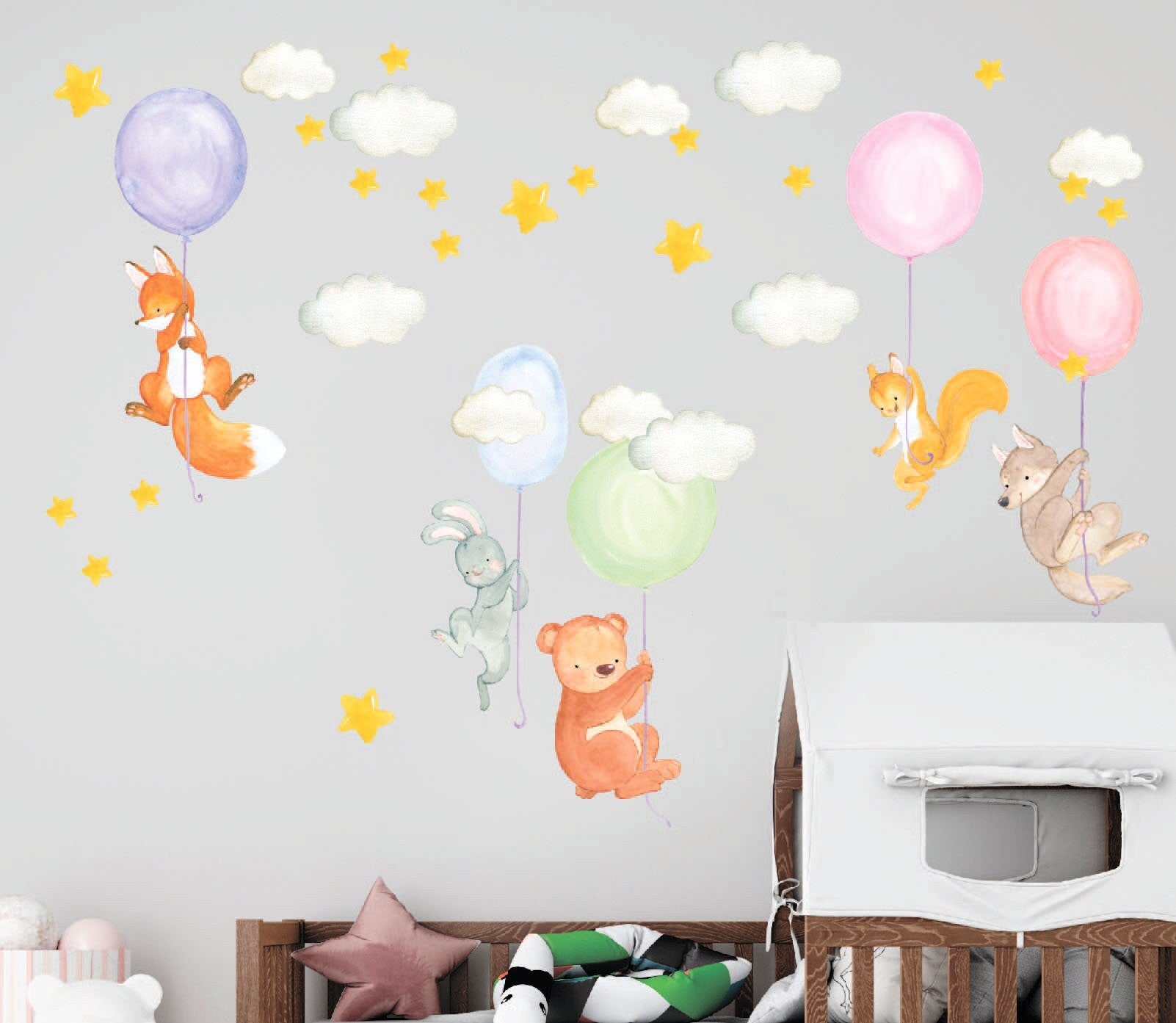Woodland Animals Decals Color Balloons Stickers Bear Wolf Fox, LF135