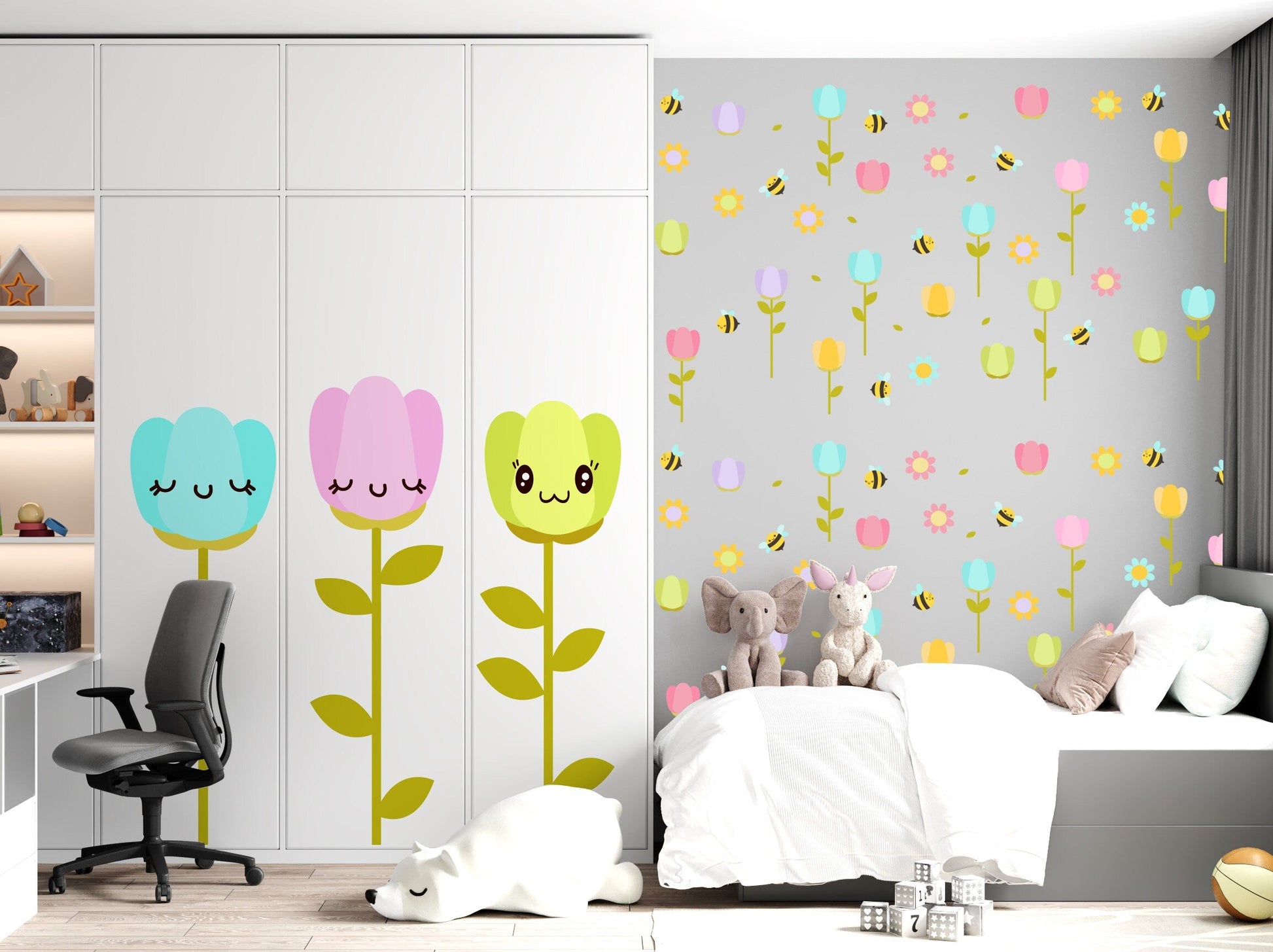 Flower wall decals Decor Cute Bee Tulip Floral Home decor Nursery, LF171