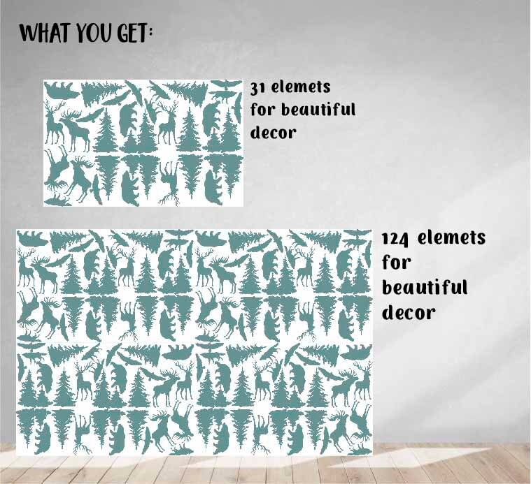 Woodland Forest Animals Wall Decals Stickers Bear Deer Wolf Pine Tree, LF184