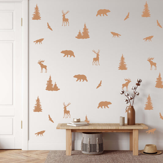 Woodland Forest Animals Wall Decals Stickers Bear Deer Wolf Pine Tree, LF184