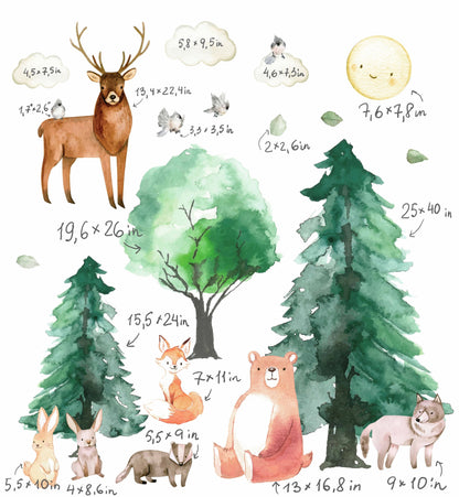 Pine Tree Forest Wall Decals Woodland Animal Stickers Bear Deer Fox Bunny, LF186