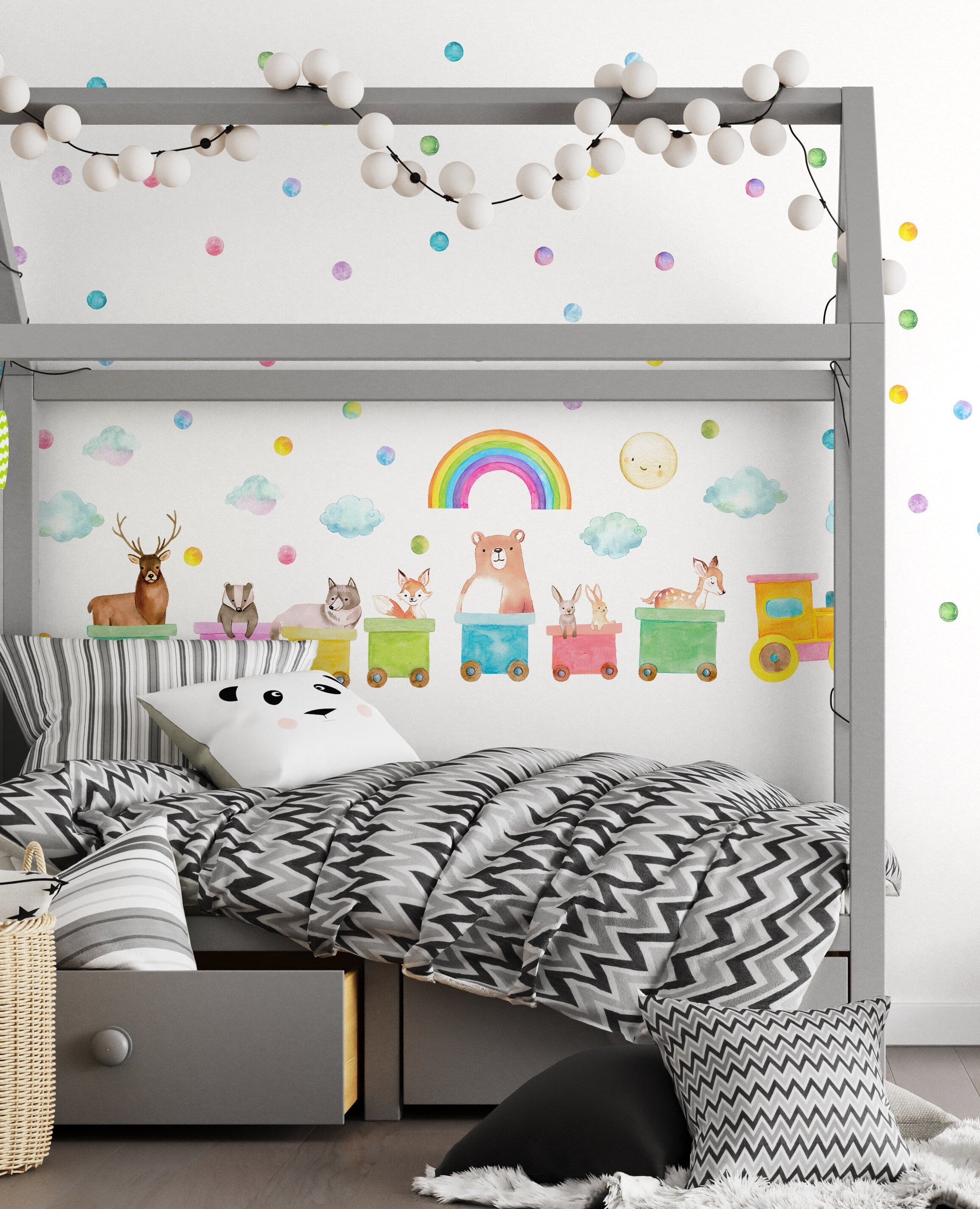 Train Wall Decals Woodland Animals Polka Dots Stickers Rainbow Bear Fox, LF204