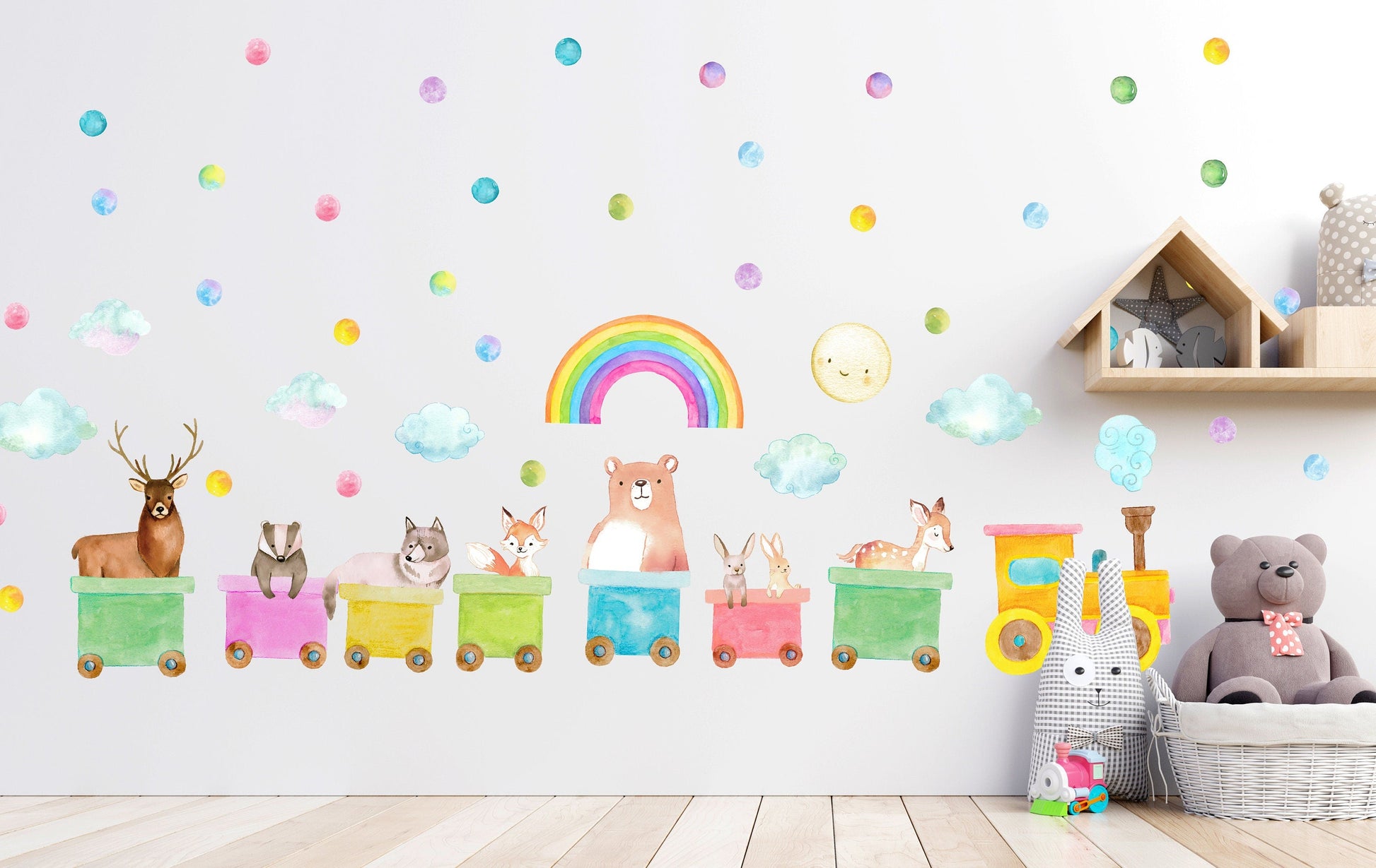 Train Wall Decals Woodland Animals Polka Dots Stickers Rainbow Bear Fox, LF204