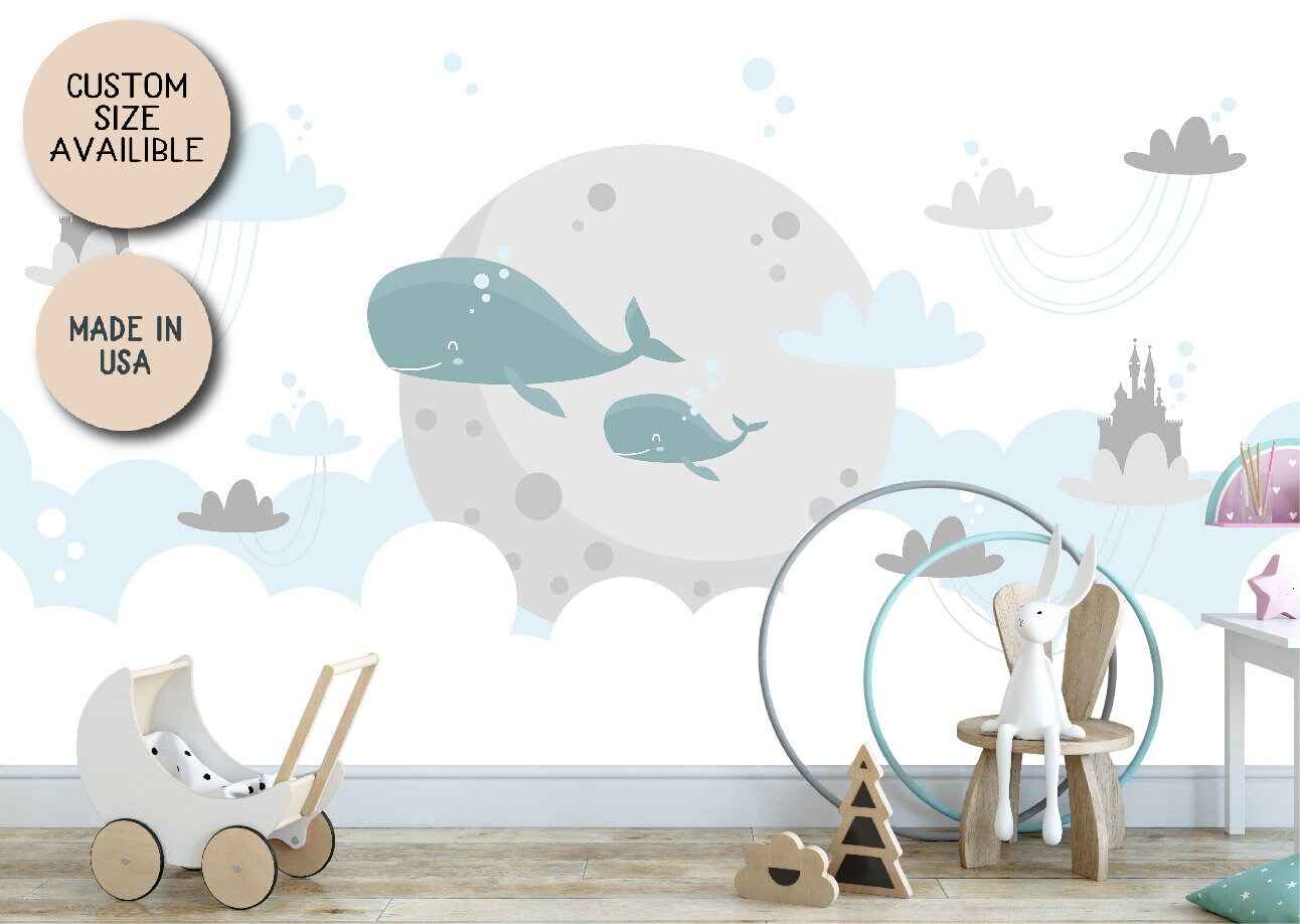 Removable Peel and Stick Wallpaper Whales Sky Clouds Wall Paper Wall Murals, KL0052