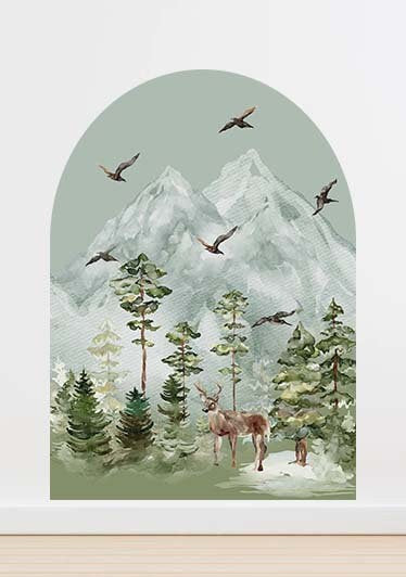 Boho Arch Woodland Wall Decal Pine Trees Sticker Forest Deer Mountains, KL0067