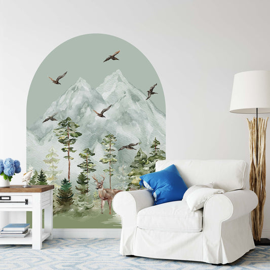 Boho Arch Woodland Wall Decal Pine Trees Sticker Forest Deer Mountains, KL0067