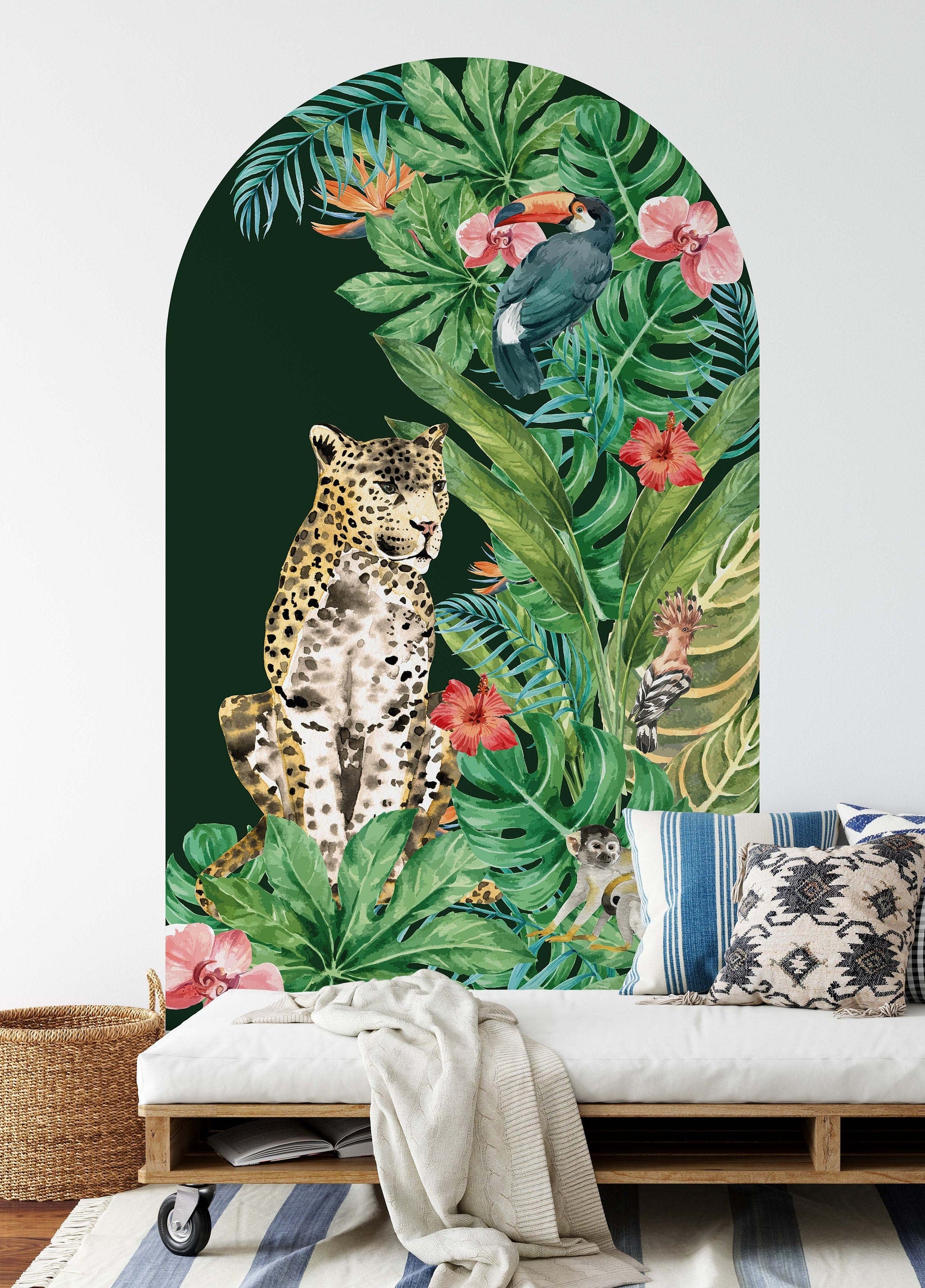Boho Tropical Arch Large Wall Decal Cheetah Cat Flowers, LKL0069