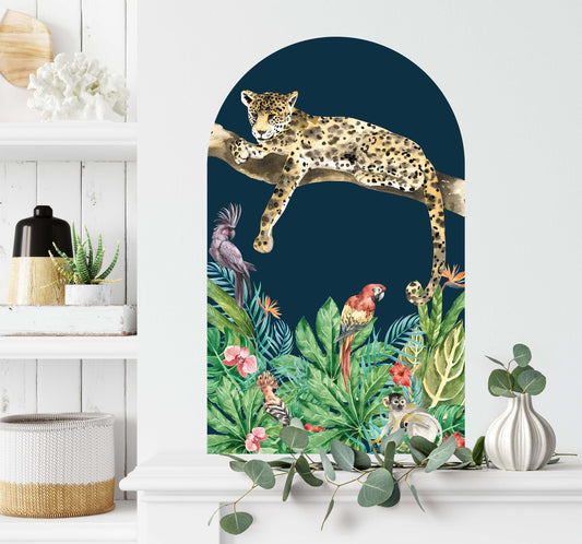 Boho Arch Cheetah Cat Wall Decal Tropical Flowers Stickers, LKL0070
