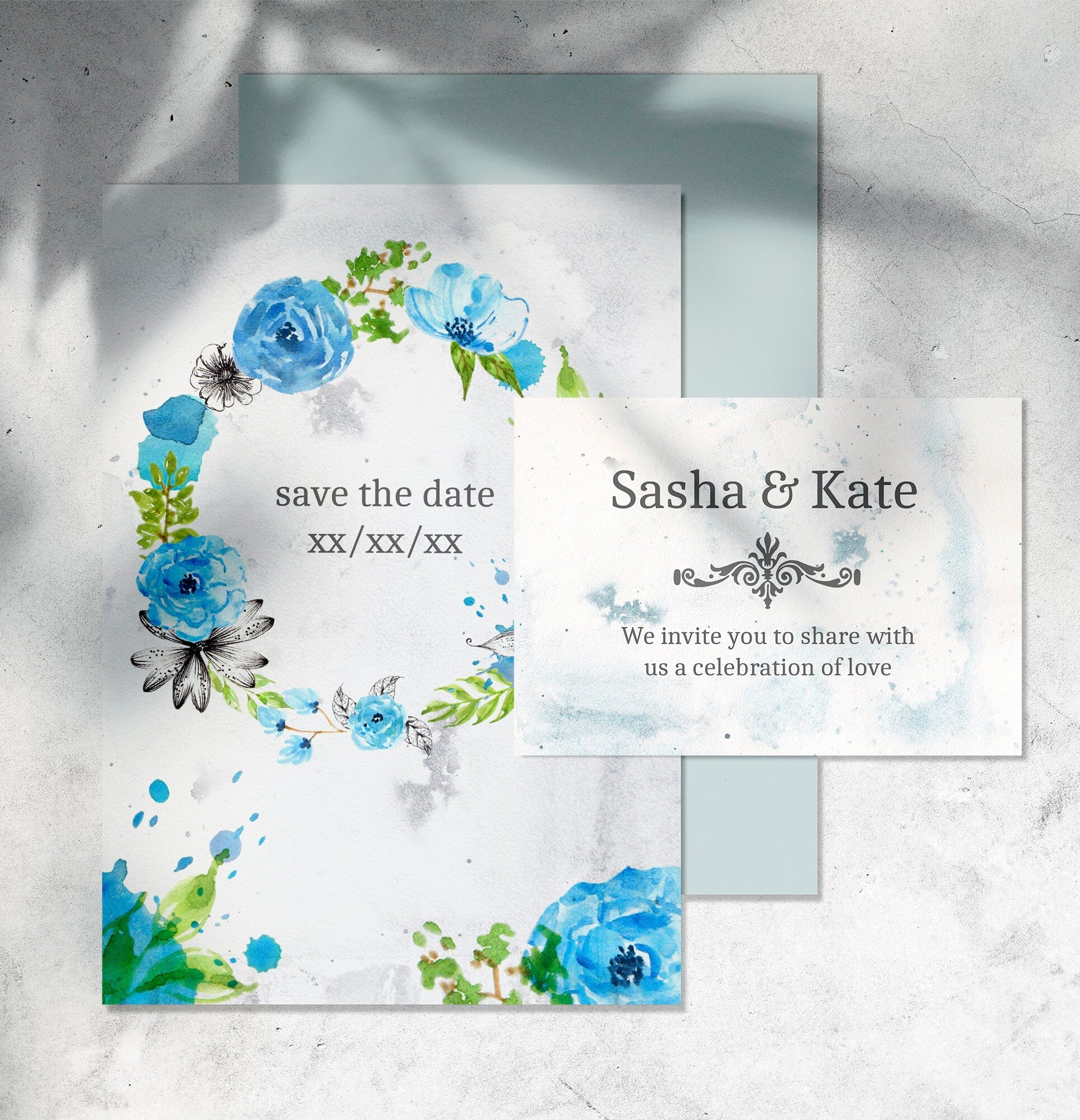 Watercolor Blue Green Flowers Wreath Floral Clipart PNG, LF368