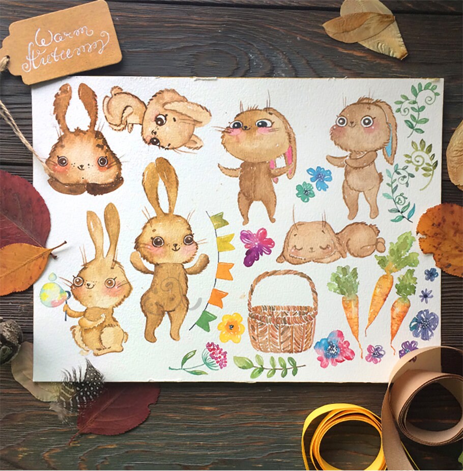 Bunny Animal Watercolor Clipart Carrot Flowers PNG, LF370
