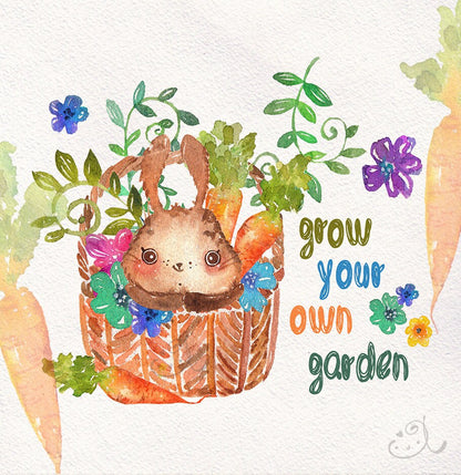 Bunny Animal Watercolor Clipart Carrot Flowers PNG, LF370