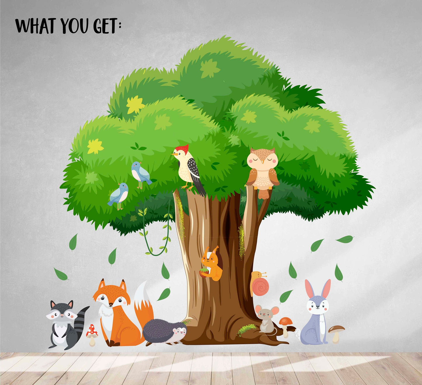 Big Green Tree Sticker Forest Animals Wall Decals Fox Hare Hedgehog Nursery Decor, LF348