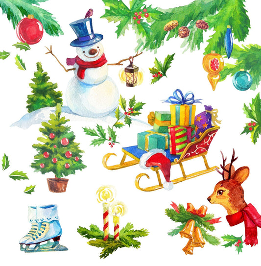 Christmas Watercolor Clipart Snowman Deer Fir Tree Gift Toys, LF371
