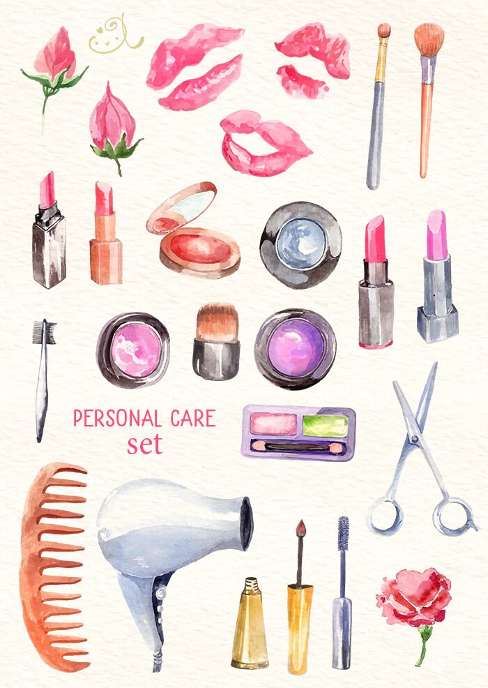 Cosmetic Watercolor Clipart PNG lipstick eye shadow mascara blush hair dryer scissors comb, LF373